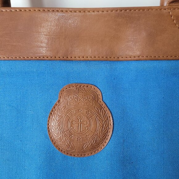 Blue & Brown Canvas & Faux Leather Avon Tote Bag With Anchor Logo 21" W X 15.5" - Picture 2 of 11
